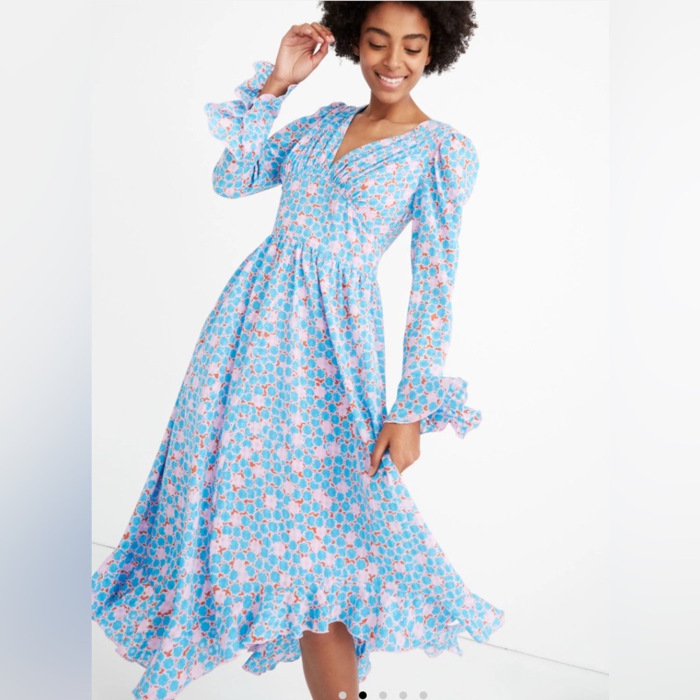 Stine Goya Freesia Midi Dress Ruffled Dainty Pink Blue Stardot Print Size XS